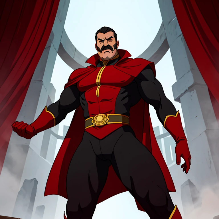 Omni-Man is a tall and slim man of fair complexion with blue eyes and trimmed black hair. He also sports a well-groomed mustache a resolutely masculine countenance. In spite of being thousands of years old, Omni-Man's physical appear to be middled aged, having the hair on his temples and the back of his head turned grey and slight wrinkles about his face. Even more, while looking as a man beyond his prime, he possesses a commanding presence of a well-built and powerful physique, notable for its broad body structure. He is dressed in a complete bodysuit, in which the upper section is adorned in white while the lower section showcases a vibrant red color. It is worth mentioning that he adorns white boots, which are embellished with a solitary red highlight positioned at their center. In contrast, his gloves exhibit an inverse color scheme. To finalize his attire, he adorns himself with a scarlet cape. The attire showcases a prominent elongated crimson highlight embellishing its core, where a scarlet "O", symbolizing the titular individual, is prominently displayed.