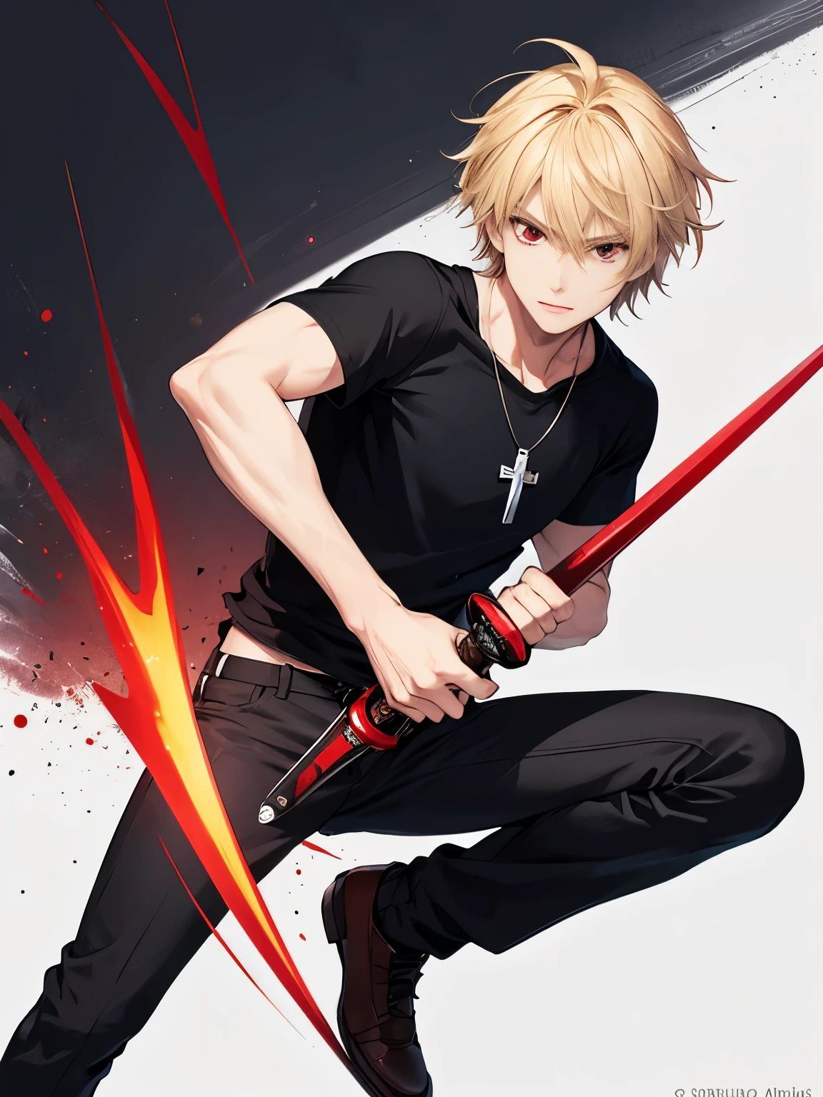 1 man,solo,20 years old,Swinging the sword, two swords,full body photo,HD face,cross necklace,handsome,messy hair,Perfect face, detailed face, short hair, blonde hair,black t-shirt, Plain t-shirt,black t-shirt,short sleeve t-shirt,black trousers, Long pants,red eyes,bright red eyes, vampire