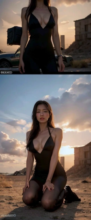 ban nsfw,original photo,depth of field,dramatic,(Real movie stills:1.3),(best quality, high resolution:1.2), Super detailed details, (actual、lifelike、Realism:1.3), Inspired by the 007 movie,at sunset,spectacular cloud formations,desert,full body portrait,A beautiful and handsome couple,Woman kneeling at the man's feet, The woman's hair is very messy,sophisticated evening gown,Serious atmosphere, Threatening atmosphere, close up, Perfect body,性感的long legs,long legs,Highly detailed facial details, real background,背景是desert,Stills from the real 007 movie,Movie plot,The man stands next to the woman,(sharp focus:1.2), Very detailed, (lifelike:1.4), (The original image, 8K high resolution:1.2), RAW candid movies, 16 mm, Color graded Portra 400 film, Surreal, subsurface scattering, Ray tracing, (Volumetric lighting),Two men in suits behind the woman,ban nsfw