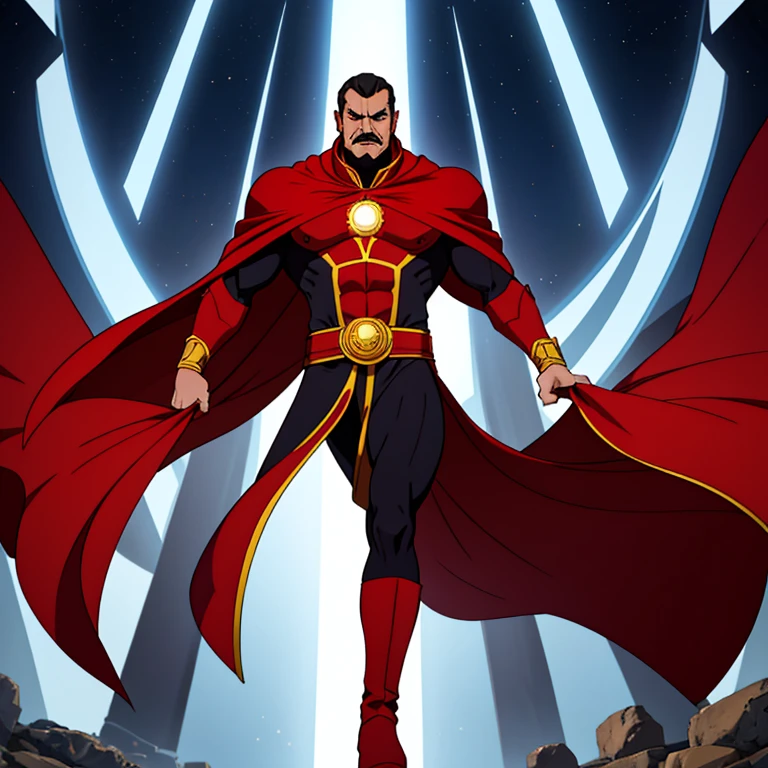 Omni-Man is a tall and slim man of fair complexion with blue eyes and trimmed black hair. He also sports a well-groomed mustache a resolutely masculine countenance. In spite of being thousands of years old, Omni-Man's physical appear to be middled aged, having the hair on his temples and the back of his head turned grey and slight wrinkles about his face. Even more, while looking as a man beyond his prime, he possesses a commanding presence of a well-built and powerful physique, notable for its broad body structure. He is dressed in a complete bodysuit, in which the upper section is adorned in white while the lower section showcases a vibrant red color. It is worth mentioning that he adorns white boots, which are embellished with a solitary red highlight positioned at their center. In contrast, his gloves exhibit an inverse color scheme. To finalize his attire, he adorns himself with a scarlet cape. The attire showcases a prominent elongated crimson highlight embellishing its core, where a scarlet "O", symbolizing the titular individual, is prominently displayed.