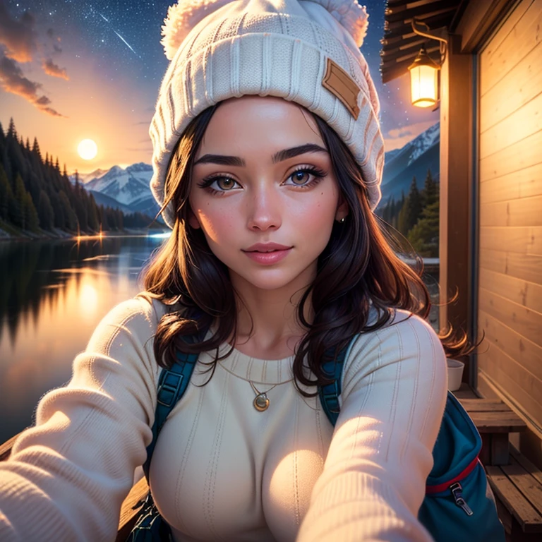 photo realistic, best quality, hyper detailed, gorgeous woman, selfie photo, upper body, only, sundress wearing, al fresco, (night), mountains, nature in real life, stars, moon, (cheerful, happy), sleeping bag, gloves, sweater, beanie, torch, forest, rock, river, wood, smoke, tooth, clear sky, analog style, view of the viewer, skin texture, film grain, close up, ultra-high resolution, best shadow, RAW, instagram LUT