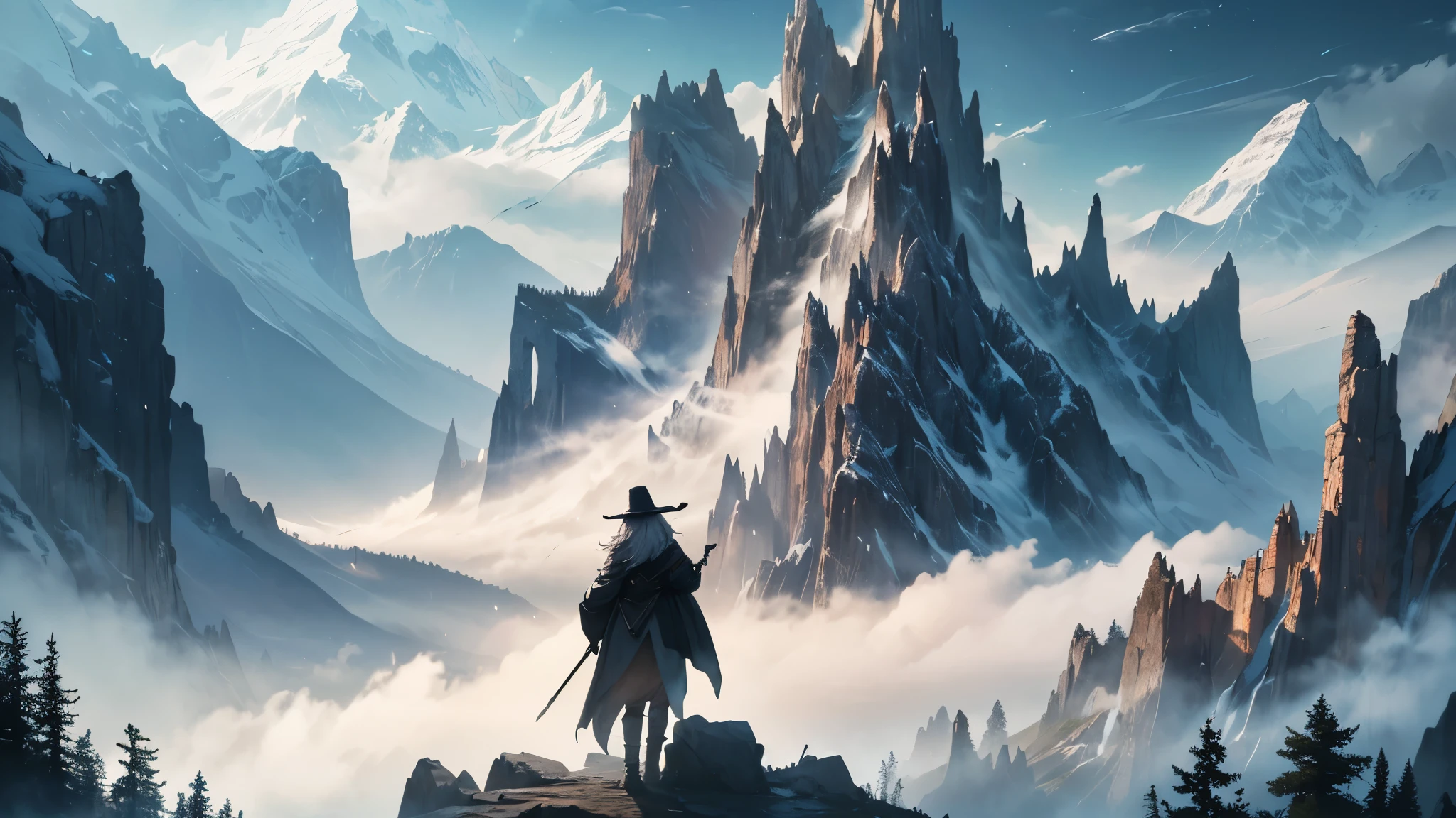 (best quality,4k,8k,highres,masterpiece:1.2),ultra-detailed,realistic:1.37,Gandalf,robed figure,detailed gray beard,
weathered face,wizard,staff,tall pointed hat,mysterious eyes,ancient wisdom,fantasy landscape,epic scenery,majestic mountains,rolling fog,magical atmosphere,mystical feeling,powerful aura,crumbling rocks,gnarled trees,distant peaks,misty clouds,majestic sky,halo of light,wisps of smoke,hint of fire,medieval fantasy,legendary character,breathtaking view,dramatic lighting,powerful wizard,staff glowing with magic,moment of contemplation,wonder of nature