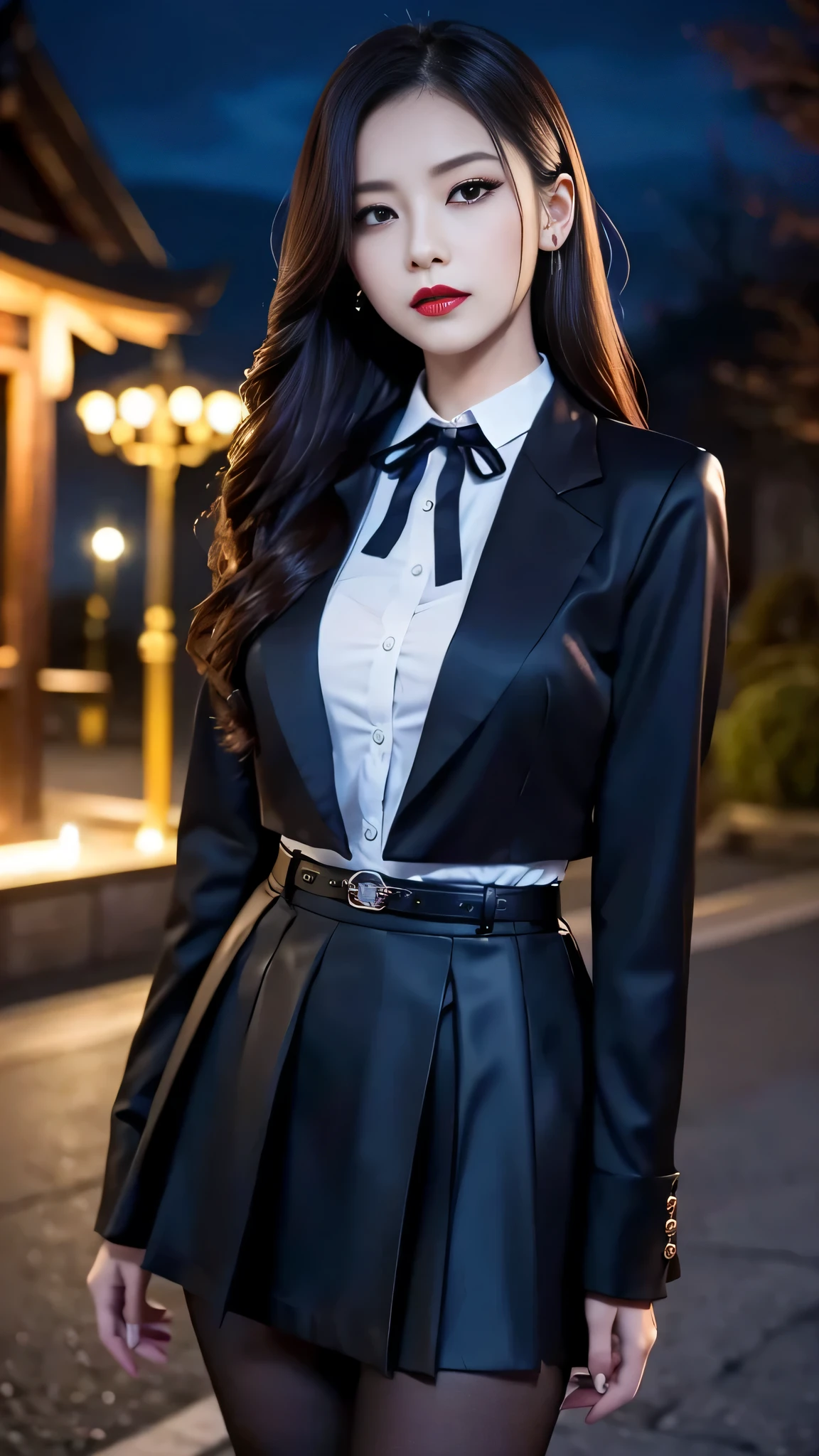 tra-detailed、2girls、Japanese、attractive beauty、seductive adult woman、pretty woman、piercing eyes、cool girl、suit、Jacket、blouse、ribbon、Tight Skirt、pantyhose、beautiful feet、Evil cadres、evil depravity、brainwash、mind control、lipstick、lip gloss、dark makeup、smirk、Evil expression、evil、hollow eyes,half-closed eyes、empty eyes、evil、church at night、vampire、succubus、vampire、Swear allegiance、stand