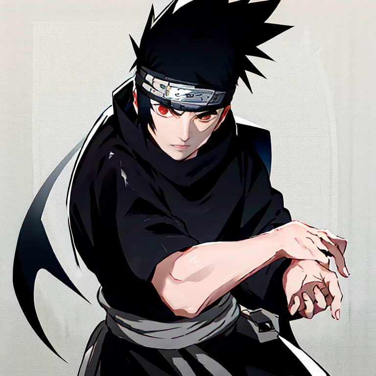 arte de imagem em preto e branco, Melhor qualidade, ultra-detalhado, illustration, Sasuke Uchiha Um de cabelo preto, man with black eyes looks at the camera with a serious expression on his face.