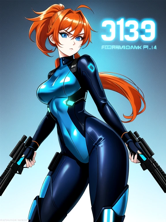 1girl, Sexy Experienced Cyberpunk Agent, ((32year old, dressed in a tight blue futuristic bodysuit, utility belt, boots, medium breasts, short orange hair, pony tail styled hair, pale skin, natural makeup, athletic body:1.3, detailed blue eyes:1.5, looking fiercely at the viewer:1.3, holding two pistols with both hands:1.2))
