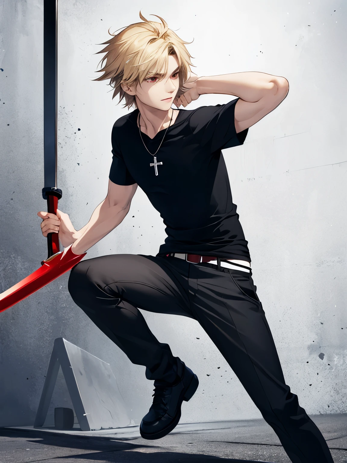 1 man,solo,20 years old,Facing backwards, camera angle from behind, photo from behind,Swinging the sword, two swords,looking away,looking away,full body photo,HD face,cross necklace,handsome,messy hair,Perfect face, detailed face, short hair, blonde hair,black t-shirt, Plain t-shirt,black t-shirt,short sleeve t-shirt,black trousers, Long pants,red eyes,bright red eyes, vampire