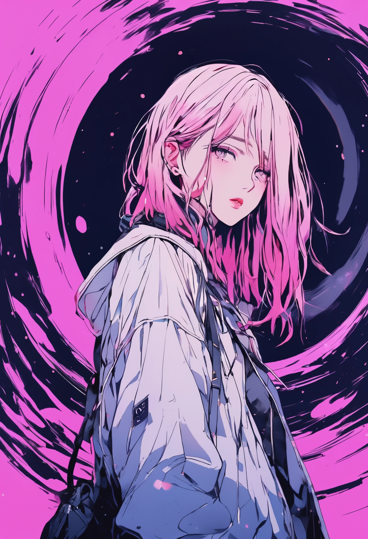(best quality, sketch:1.2), epic realistic,(ultra details ayes),illustrator,anime,1 girl, detailed lips,custom, gradient background,neon hair,textured cropping, masterpiece, anime, a woman standing looking at a black hole, fantasy world, trending on art station, space art, dreamy psychedelic anime, beautiful anime scene, anime epic artwork. anime, photo picture poses, average height