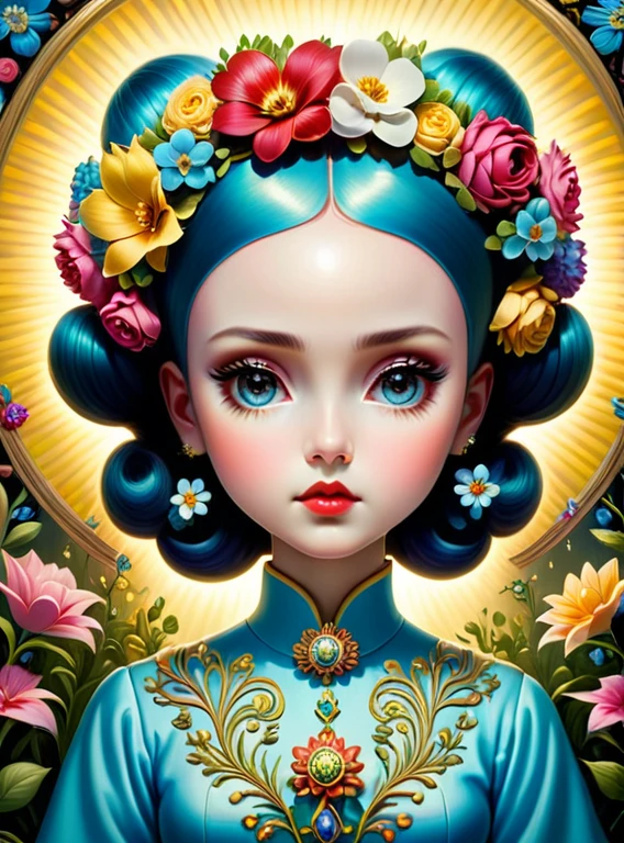 A surreal and creative painting of a woman with flowers in her hair, an ultrafine detailed painting by Mark Ryden, trending on deviantart, pop surrealism, whimsical, lowbrow, perfect symmetrical face, sharp focus, octane, masterpiece, unreal engine 5 highly rendered, global illumination, radiant light, detailed and intricate environment. art by Krenz