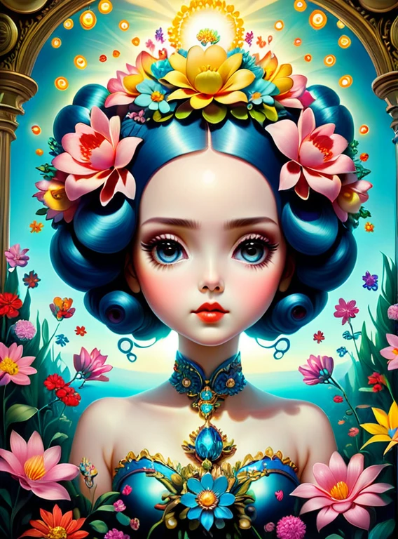 A surreal and creative painting of a woman with flowers in her hair, an ultrafine detailed painting by Mark Ryden, trending on deviantart, pop surrealism, whimsical, lowbrow, perfect symmetrical face, sharp focus, octane, masterpiece, unreal engine 5 highly rendered, global illumination, radiant light, detailed and intricate environment. art by Krenz 