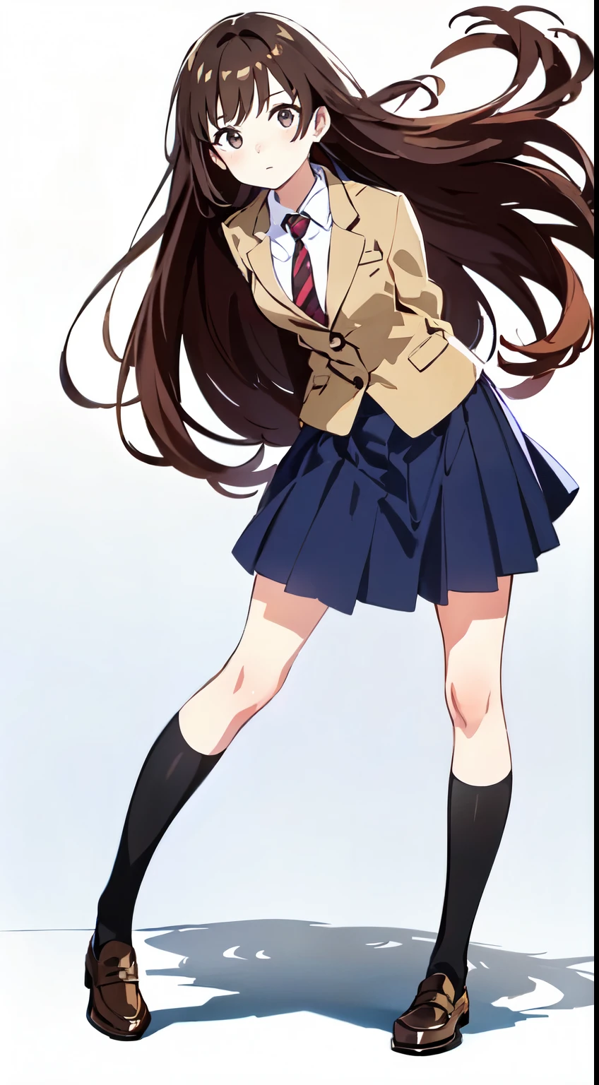 (white background:1.2), (highest quality:1.2), (masterpiece:1.2), (full body:1.0), (alone:1.0), ( girl:1.0), (long skirt:1.1), (dark blue skirt:1.0), (pleated skirt:1.0), (Beige  blazer:1.1), (red tie:1.0), (black socks:1.0), (loafers:1.0), (expensive:1.1), (thin:1.1), (small breasts:1.1), (detailed beautiful eyes:1.0), (detailed beautiful face:1.0), (shining black eyes:1.0), (long hair:1.0), (straight hair:1.0), (brown hair:1.0)