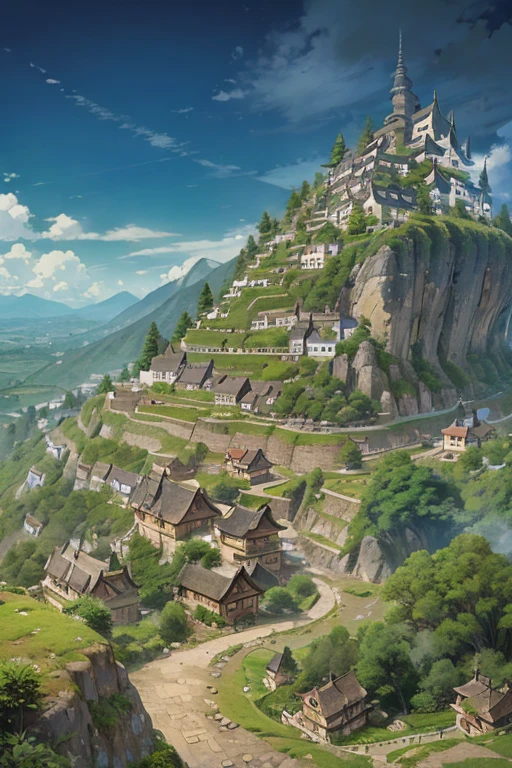 big fantasy town up on the mountain, thatched roofs, early medieval, town on a rocky slope, tightly packed houses, narrow passages, tight spaces, clustered settlement, ((Ghibli style architecture))