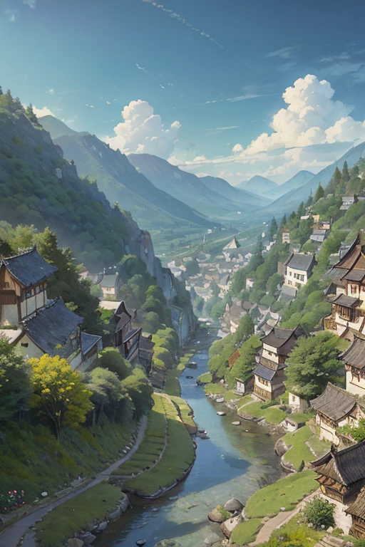 big fantasy town up on the mountain, thatched roofs, early medieval, town on a rocky slope, tightly packed houses, narrow passages, tight spaces, clustered settlement, ((Ghibli style architecture))