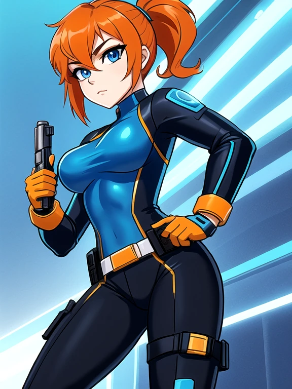 1girl, Sexy Experienced Cyberpunk Agent, ((32year old, dressed in a tight blue futuristic bodysuit, utility belt, boots, medium breasts, short orange hair, pony tail styled hair, pale skin, natural makeup, athletic body:1.3, detailed blue eyes:1.5, looking fiercely at the viewer:1.3, holding two pistols with both hands:1.2))
