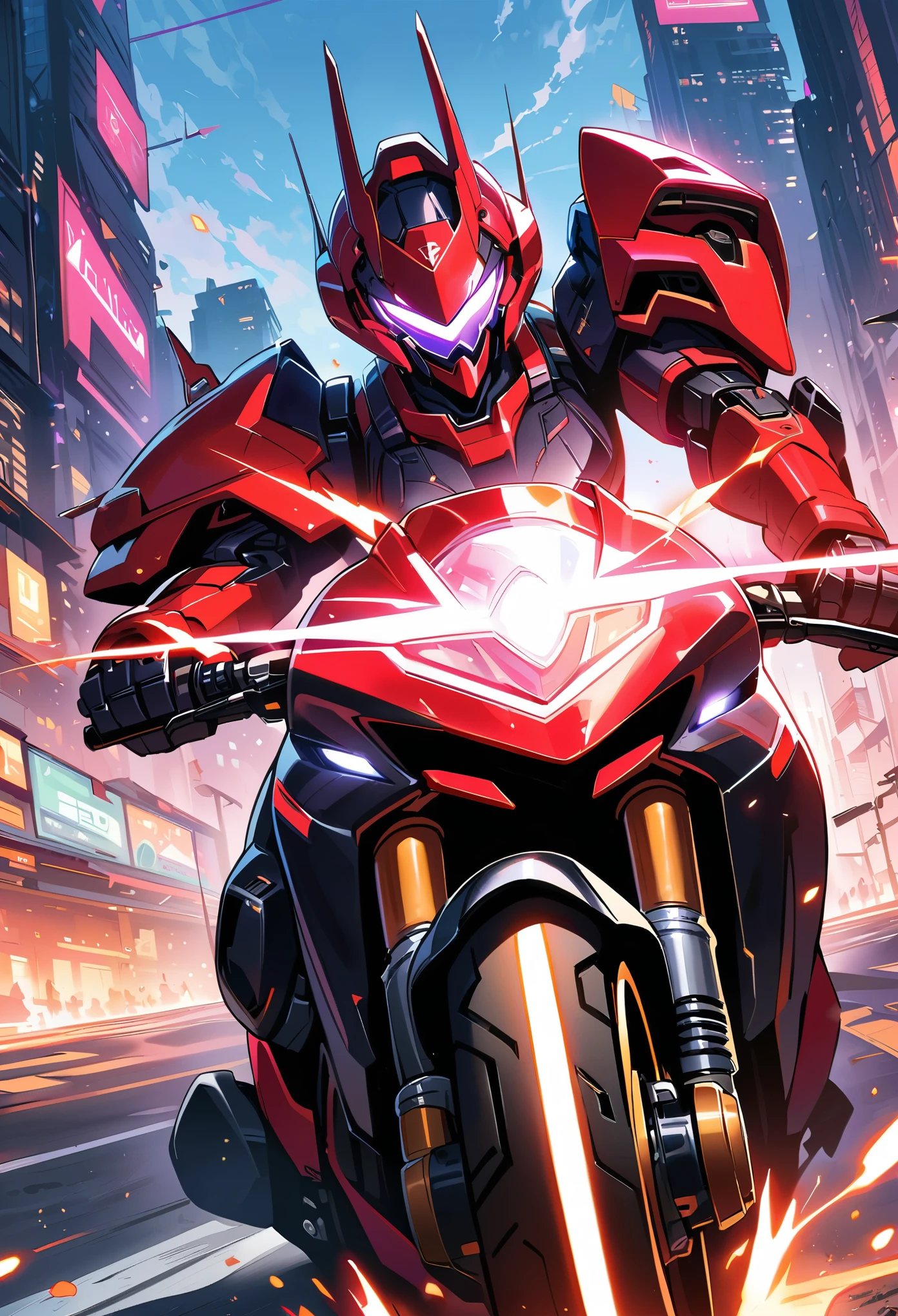 Highest image quality, Excellent details, ultra high resolution, (Fidelity: 1.4), Best Illustration, Offer details, Highly concentrated 1girl, Have a delicate and beautiful face, Wearing a black and white mech, Wearing a mecha helmet, Hold the direction controller, riding a motorcycle, The background is a high-tech light scene of a futuristic city.