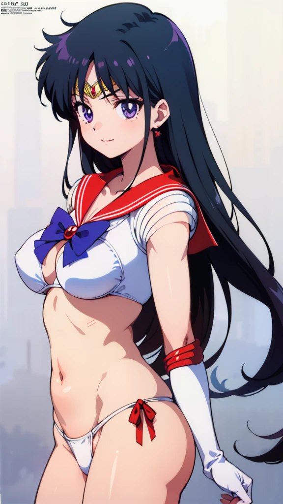 (masterpiece, best quality, high resolution, 2D, anime cels, megami magazine, 8K, Official art, sharp), Sailor Mars, 1girl, (sailor moon style:1.5), purple eyes, light smile, (straight hair, black long hair), (saggy large breasts:1.5), (white bikini:1.5), (red sailor collar, white elbow gloves), (from side, upper body, standing), (perfect detailed anatomy, beautiful detailed eyes, beautiful detailed face, perfect body, shiny skin), simple background,