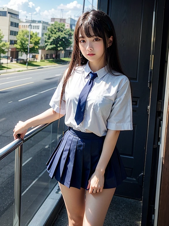 ​masterpiece、high-level image quality、high-detail、full body Esbian、Summer uniform、Blue tie、a blue skirt、One Beautiful Girl, hi-school girl、15yo student、Hairstyle with bangs、great outdoors、clear sky、Beautiful girl walking in the wing or airplane and coming here、Embarrassment、confusion、Ephemeral、blue sky、white clouds, side lights、Noise Reduction、Pale and soft light、diffuse glow、