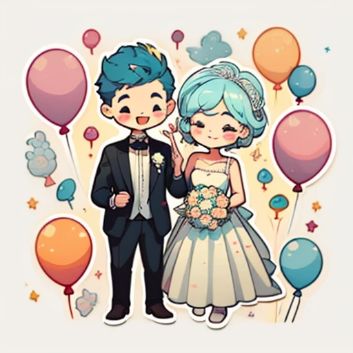 1 sticker, hand account, (sticker, 1 boy and 1 girl, wedding dress, bouquet, salute, fireworks, balloons, champagne), watercolor, white background, simple background, minimal, cute, tiny, pastel color, vector style, no gradient