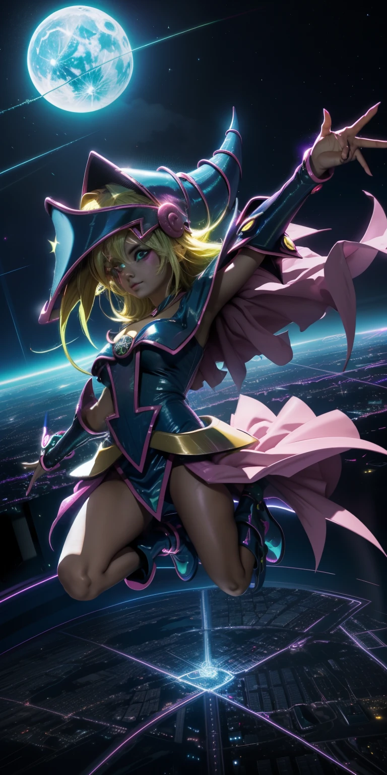 Mujer preciosa dark magician girl ( neon cyberpunk ), The neon sings, neon lighting, RTX chica maga oscura iluminando volando en el aire. Encima de la ciudad a media noches. Luna llena. Cielos de estrellas. Mago oscuro volando