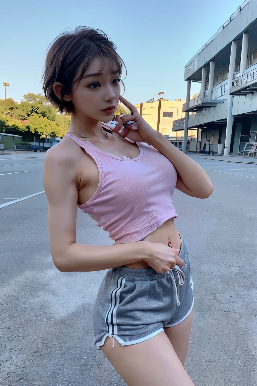 highest quality、beautiful skin、Writing on the face、(huge beautiful breasts、ultra mommy:1.3),(very thin、pixie cut、Tracksuit Shorts、sexy fashion、color、Tank top、School Randoseru、schoolyard、Change of clothes、You can see the crack in the buttocks、primary school student:1.3),
