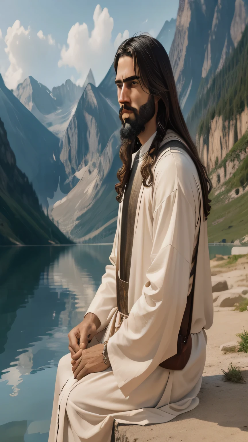 sharp man sitting by a lake with mountains in the background, jesus, Jesus Cristo, dressed like Jesus Cristo, Jesus preto, portrait of Jesus Cristo, Greg Olsen, conhece monge, Jesus of Nazareth, holy man looking at the ground, moisés, gigachad jesus, Raptor Jesus, Jesus Cristo smoking a blunt