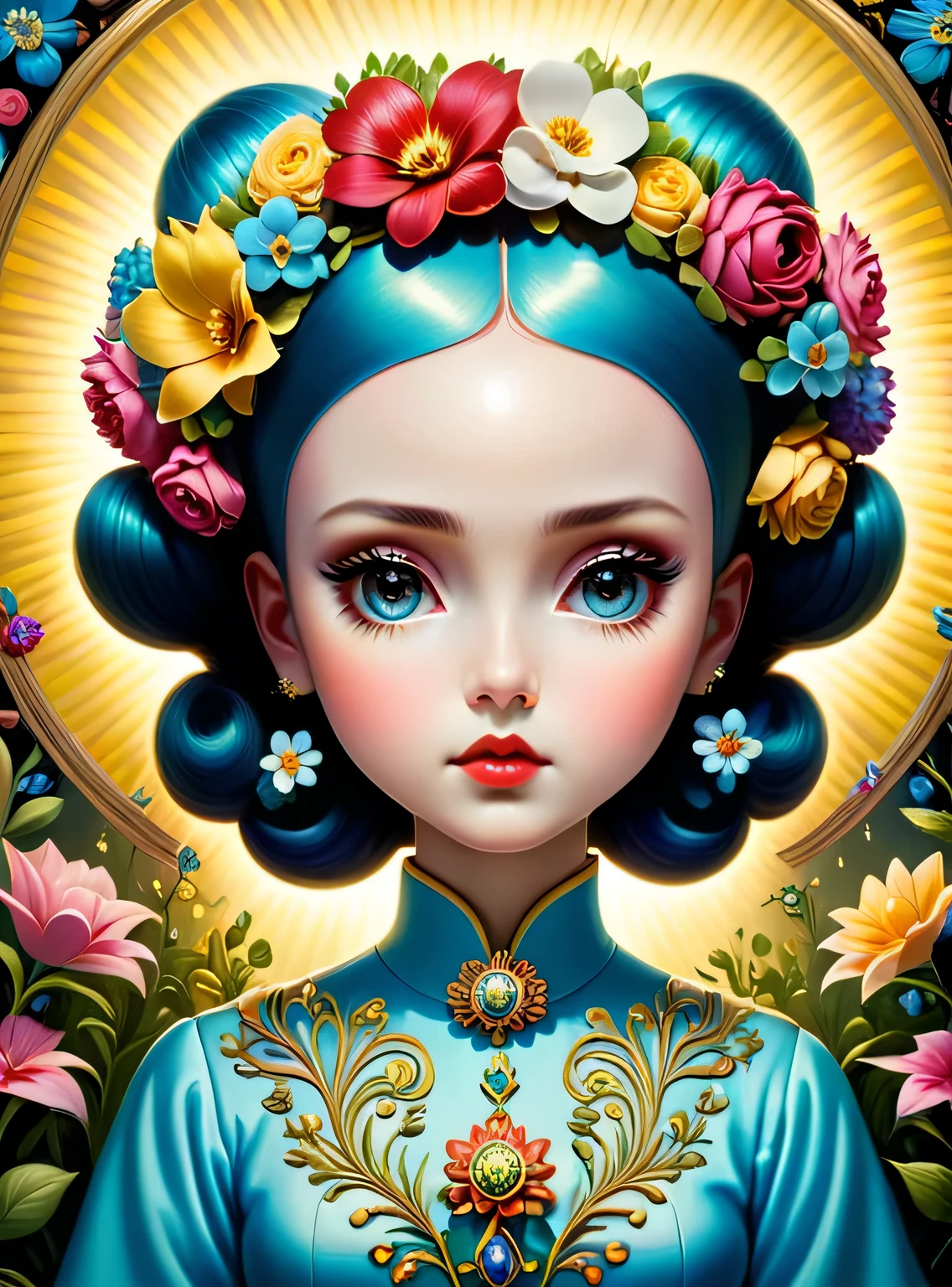 A surreal and creative painting of a woman with flowers in her hair, an ultrafine detailed painting by Mark Ryden, trending on deviantart, pop surrealism, whimsical, lowbrow, perfect symmetrical face, sharp focus, octane, masterpiece, unreal engine 5 highly rendered, global illumination, radiant light, detailed and intricate environment. art by Krenz