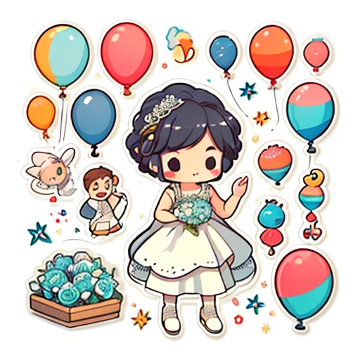 1 sticker, hand account, (sticker, 1 boy and 1 girl, wedding dress, bouquet, salute, fireworks, balloons, champagne), watercolor, white background, simple background, minimal, cute, tiny, pastel color, vector style, no gradient