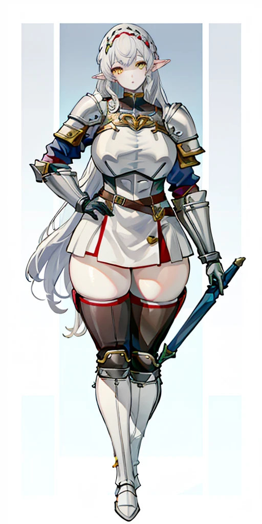 masterpiece, best quality, high quality, 1solo white SKIN elf, long hair, white hair, yellow eyes, full body, def_effie, blue breastplate, looking at viewer, shiny,armor, thighhighs, high boots,shoulder armor, faulds, poleyn, gloves, gauntlets