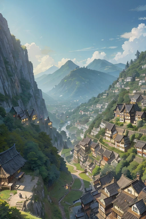 big fantasy town up on the mountain, thatched roofs, early medieval, overpopulated town on a rocky cliff, tightly packed houses, narrow passages, tight spaces, clustered settlement, ((Ghibli style))