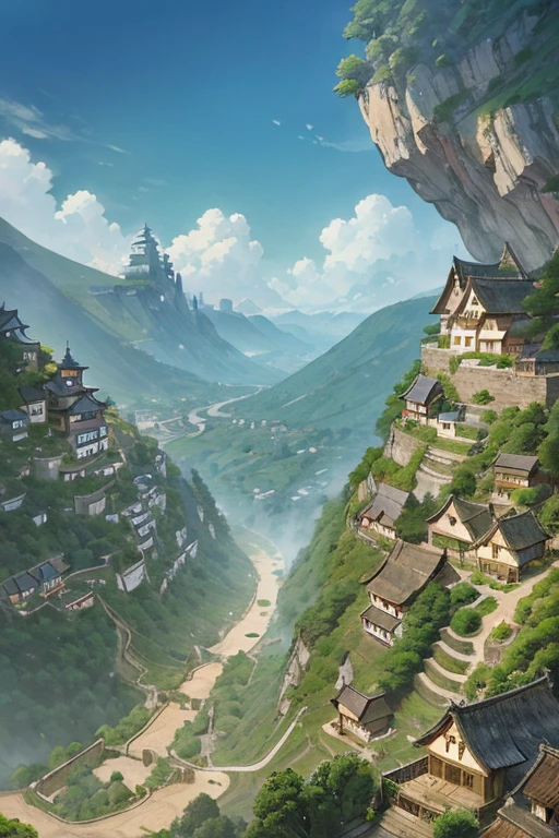 big fantasy town up on the mountain, thatched roofs, early medieval, overpopulated town on a rocky cliff, tightly packed houses, narrow passages, tight spaces, clustered settlement, ((Ghibli style))