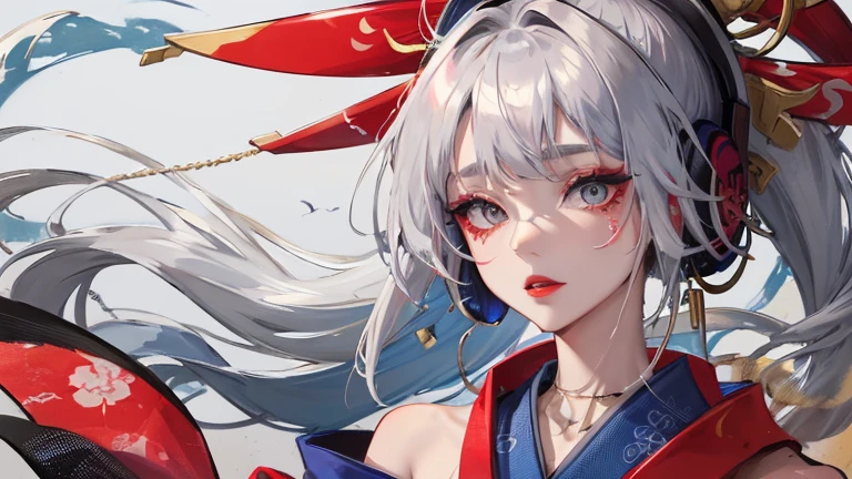high quality,masterpiece,Tan-skinned Japanese woman in a colorful kimono,arm with tattoo,beautiful blue droopy eyes,japanese geisha,long silver hair,listening to music with headphones,ear earrings,dragon tattoo,gold necklace,expression of ridicule,gray hair,red lipstick,dark makeup,written by hand,images for youtube