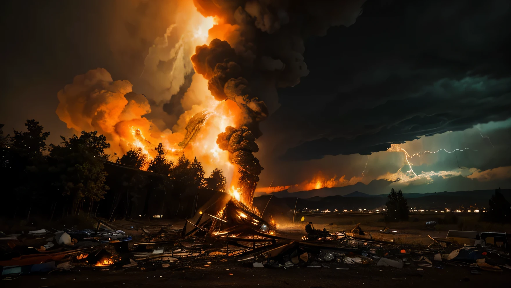 apocalyptic scene. bonfire, fire smoke. Sky vibrant colors of fire. tragic sky. Fire spark rain.