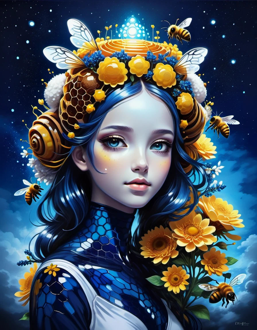 beautiful picture of a girl with vibrant flowers on her head, dark sky-blue and dark navy, dark sky-blue and dark white, realistic, photo effects, luminous shadowing, anime-inspired, elegant outlines, magic bees and beehives made of dvr-honey