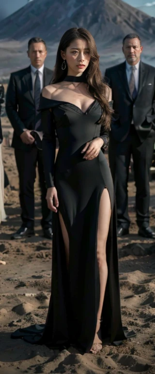 Black headscarf on the beach, black trench coat, barefoot sexy woman. Men touching women&#39;s buttocks.