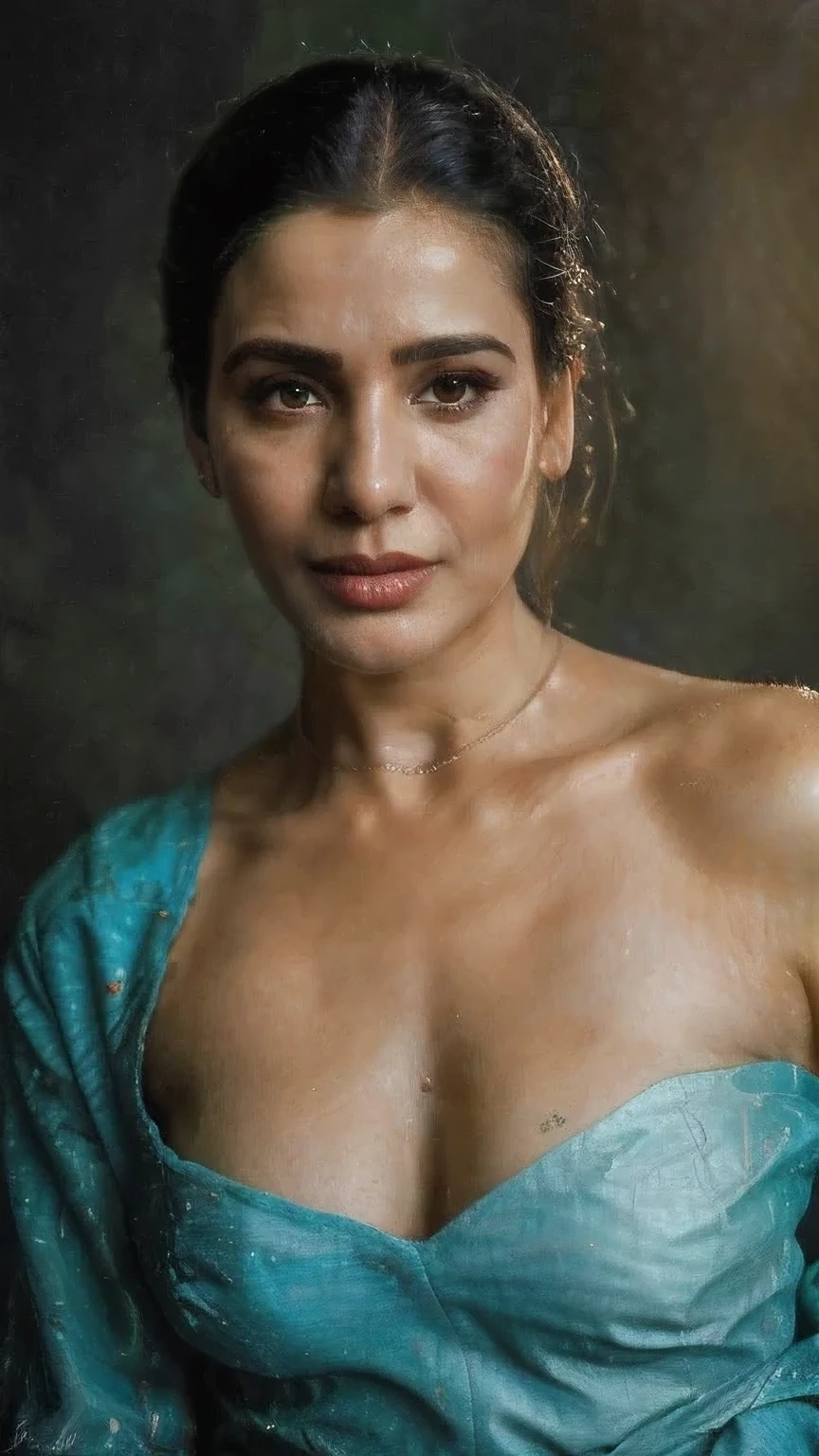 A renaissance full body painting portrait of middle aged Indian Woman hiding breasts, detailed skin, topless with a dark room background, ((sensual erotica)), (lusty expression), (detailed beautiful face and eyes:1.3), (perfectly drawn fingers), in the style of renaissance painting, Hallo in the back, detailed outline of , Highly detailed, Intricate, Sharp focus, Digital painting, detailed pussy, art by artgerm and greg rutkowski, Raphael, Beautifully lit, oil painting aesthetic, Deep big cleavages, joseph ducreux, oil on canvas portrait, hyper realistic, oil portrait by agnes cecile, Perfectly drawn fingers, detailed revealing, Renaissance portrait, fine art, 4K UHD, revealing clothes, high contrasts, (Vintage Portrait)