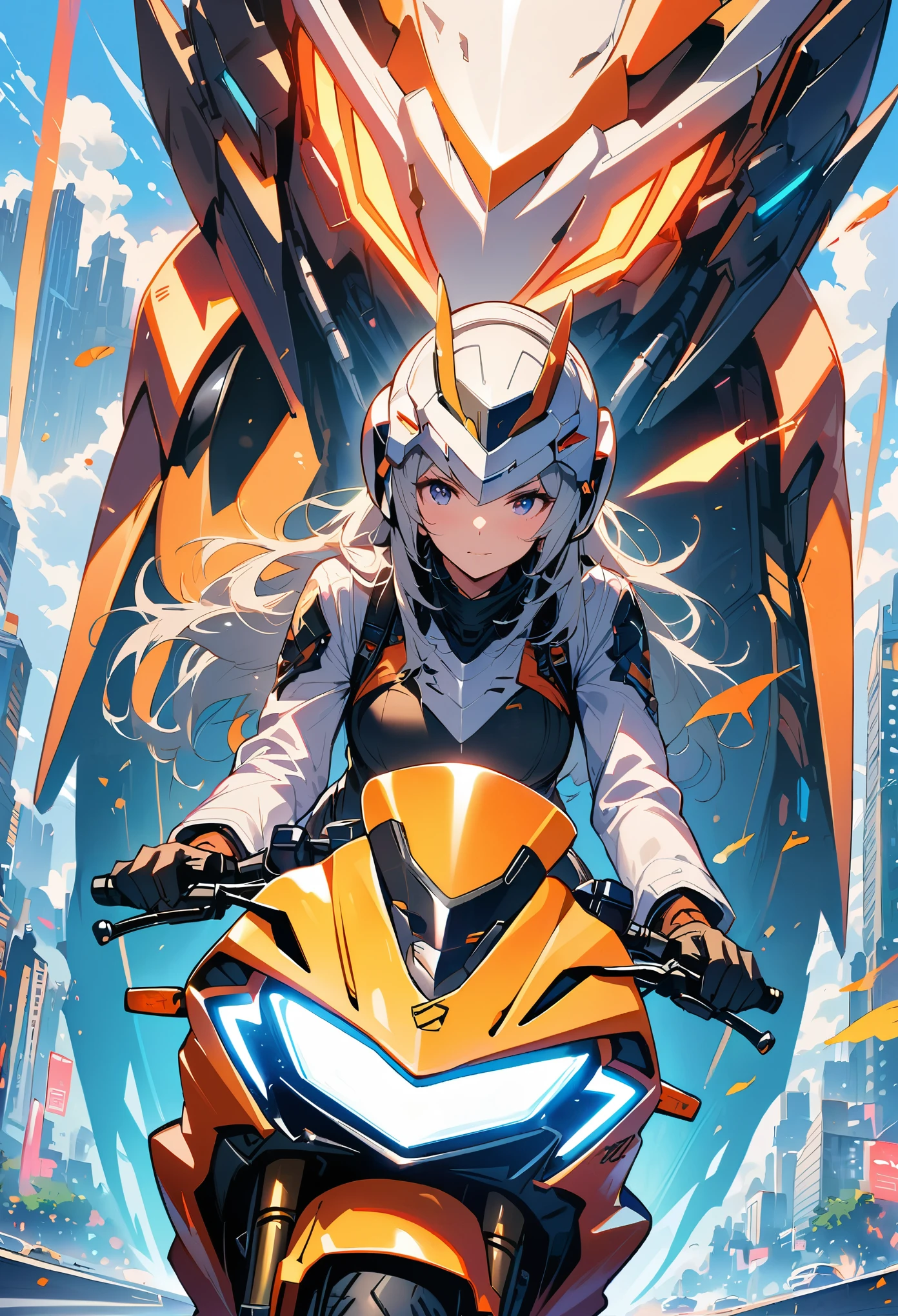 Highest image quality, Excellent details, ultra high resolution, (Fidelity: 1.4), Best Illustration, Offer details, Highly concentrated 1girl, Have a delicate and beautiful face, Wearing a black and white mech, Wearing a mecha helmet, Hold the direction controller, riding a motorcycle, The background is a high-tech light scene of a futuristic city.