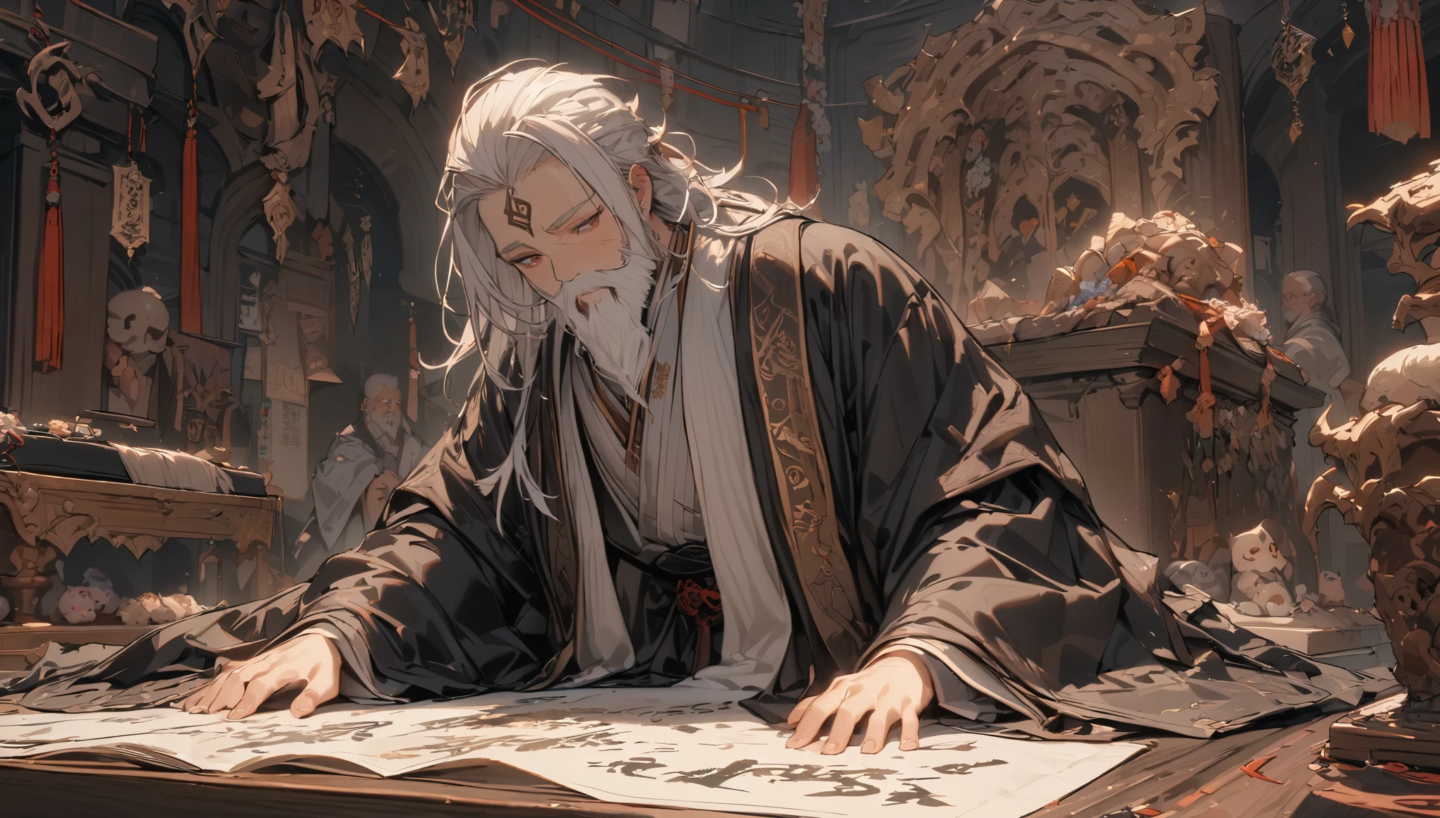 #Quality(8k,best quality,masterpiece,cinematic),solo,#1 boy(cute, kawaii, He has a beard, is wearing a robe, and is kneeling on a table with the words UMAR, a funeral atmosphere