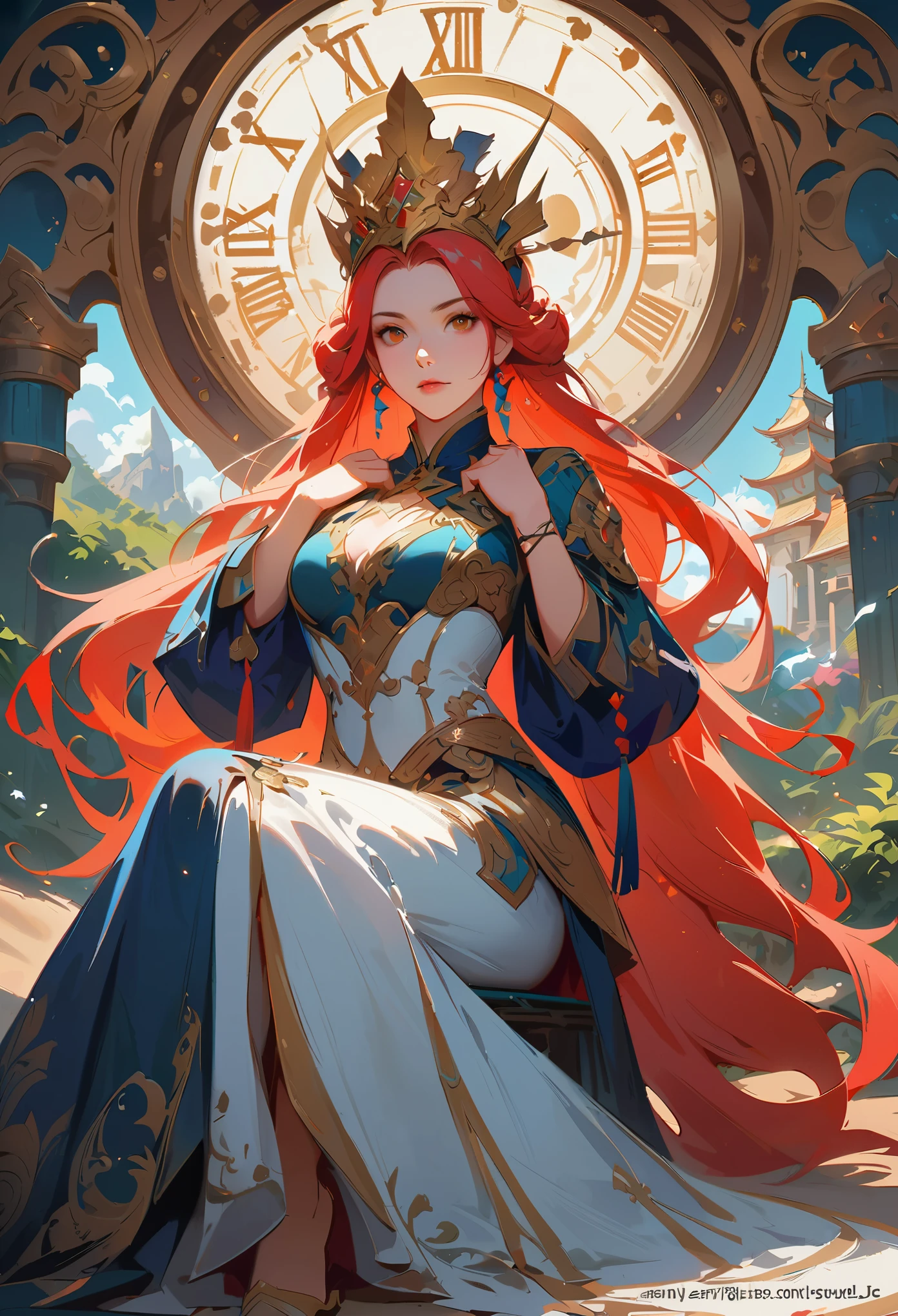 There is a woman sitting on the beach with a clock, Queen of the Sea Mu Yanling, Beautiful digital artwork, 4k highly detailed digital art, beautiful fantasy queen, 8k high quality detailed art, fantasy beauty, author：Yang Jie, Beautiful ornate digital art, guweiz, guweiz style artwork, beautiful fantasy art, Chinese fantasy