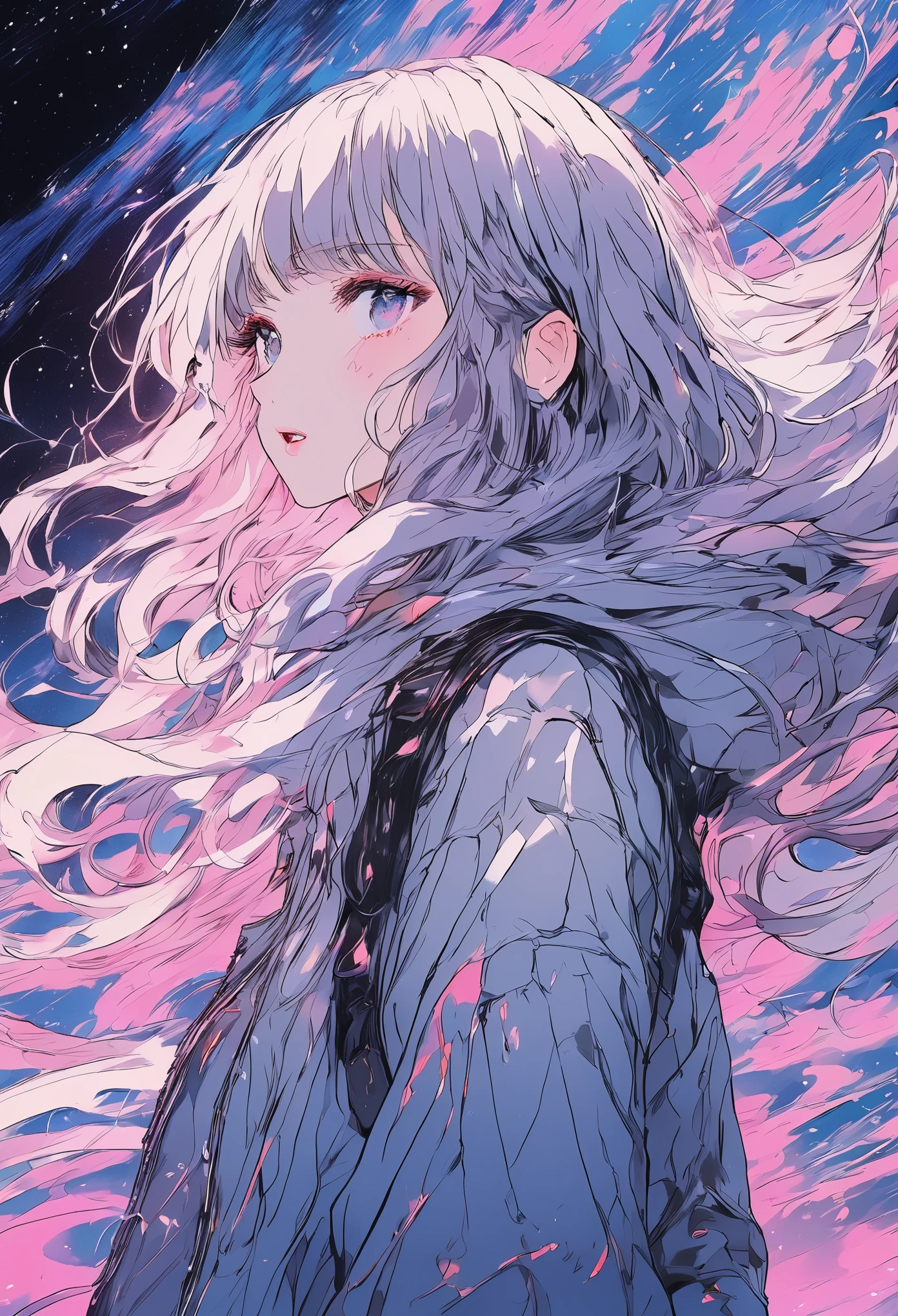 (best quality, sketch:1.2), epic realistic,(ultra details ayes),illustrator,anime,1 girl, detailed lips,custom, gradient background,neon hair,textured cropping, masterpiece, anime, a woman standing looking at a black hole, fantasy world, trending on art station, space art, dreamy psychedelic anime, beautiful anime scene, anime epic artwork. anime, photo picture poses, average height