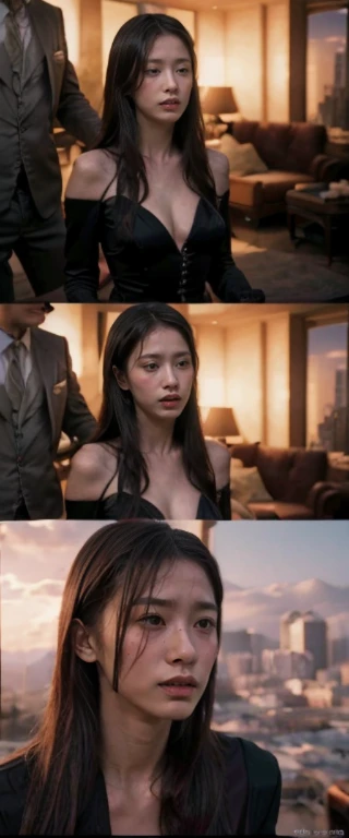 ban nsfw,original photo,depth of field,dramatic,(Real movie stills:1.3),(best quality, high resolution:1.2), perfect composition,Super detailed details, (actual、lifelike、Realism:1.3), Inspired by the 007 movie,at sunset,spectacular cloud formations,desert,full body portrait,Woman kneeling at the man's feet, The woman's hair is very messy,sophisticated evening gown,Serious atmosphere, Threatening atmosphere, close up, Perfect body,sexy的long legs,long legs,Highly detailed facial details, real background,background是desert,Stills from the real 007 movie,Movie plot,Man standing behind woman,Two men pressing a woman's head,(sharp focus:1.2), Very detailed, (lifelike:1.4), (The original image, 8K high resolution:1.2), RAW candid movies, 16 mm, Color graded Portra 400 film, Surreal, subsurface scattering, Ray tracing, (Volumetric lighting),Two men in suits behind the woman,ban nsfw