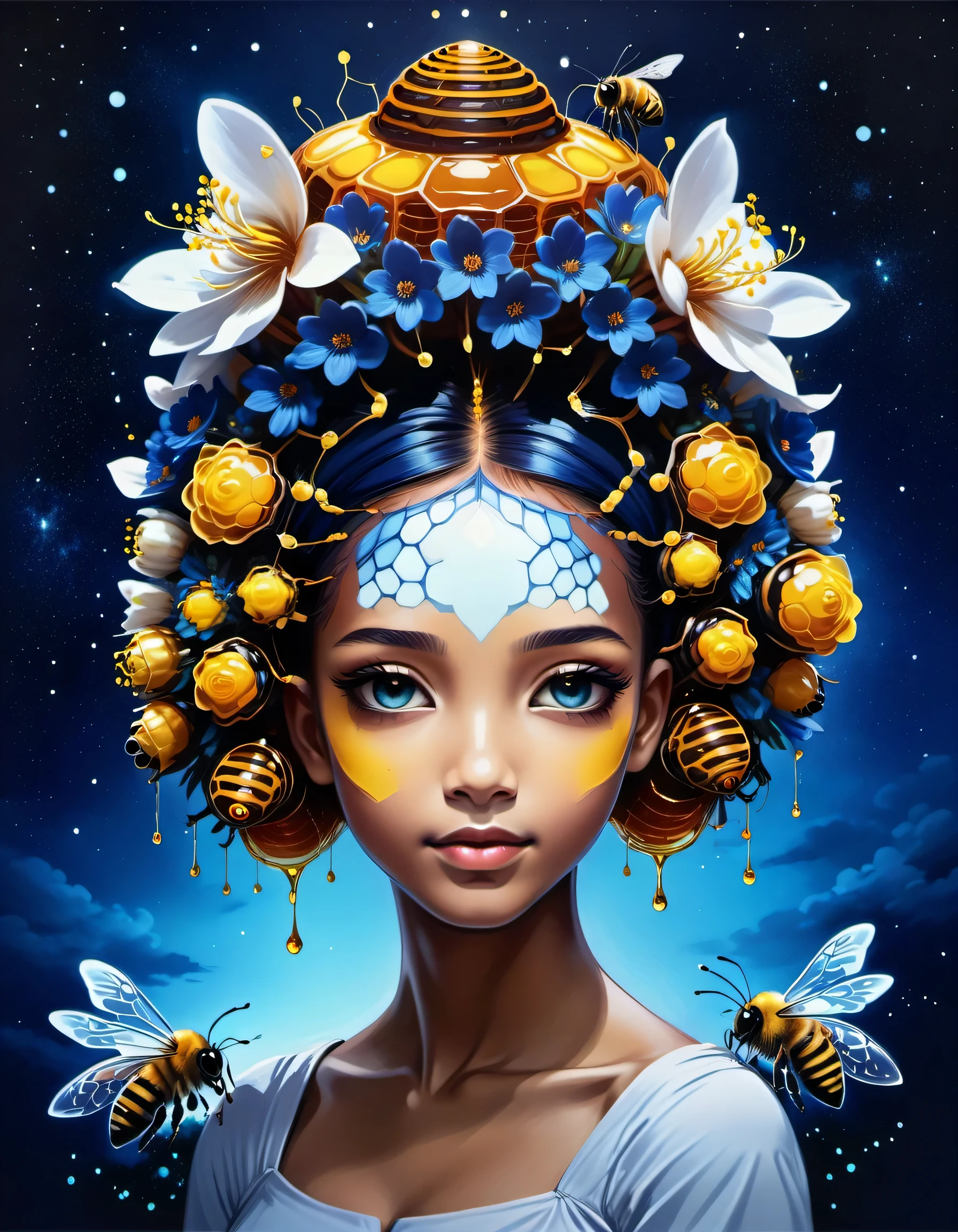 beautiful picture of a girl with vibrant flowers on her head, dark sky-blue and dark navy, dark sky-blue and dark white, realistic, photo effects, luminous shadowing, anime-inspired, elegant outlines, magic bees and beehives made of dvr-honey