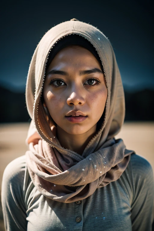Craft a celestial-themed portrait of a Malay girl in hijab. Illuminate the hijab with stars and galaxies, blending the earthly with the cosmic in a mesmerizing and ethereal composition, 8mm, Close-up shot, cool-toned color grading, depth of field, film noir