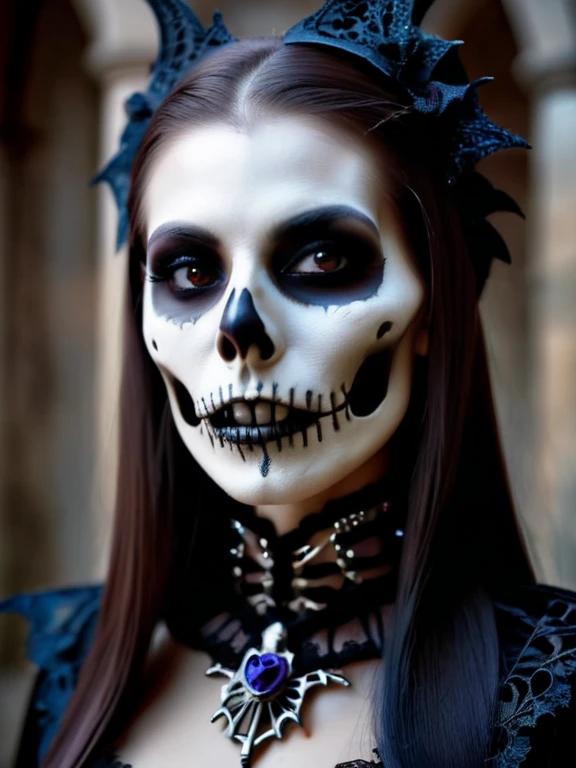 realistic portrait of a woman dressed as a hybrid vampire skeleton, traje, Cosplay, halloween cinematic LUT