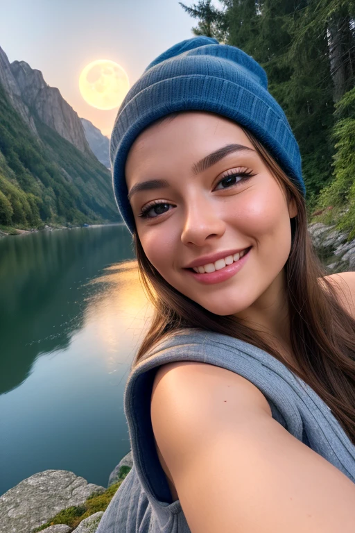 photo realistic, best quality, hyper detailed, gorgeous woman, selfie photo, upper body, only, sundress wearing, al fresco, (night), mountains, nature in real life, stars, moon, (cheerful, happy), sleeping bag, gloves, sundress, beanie, torch, forest, rock, river, wood, smoke, tooth, clear sky, analog style, view of the viewer, skin texture, film grain, close up, ultra-high resolution, best shadow, RAW, instagram LUT