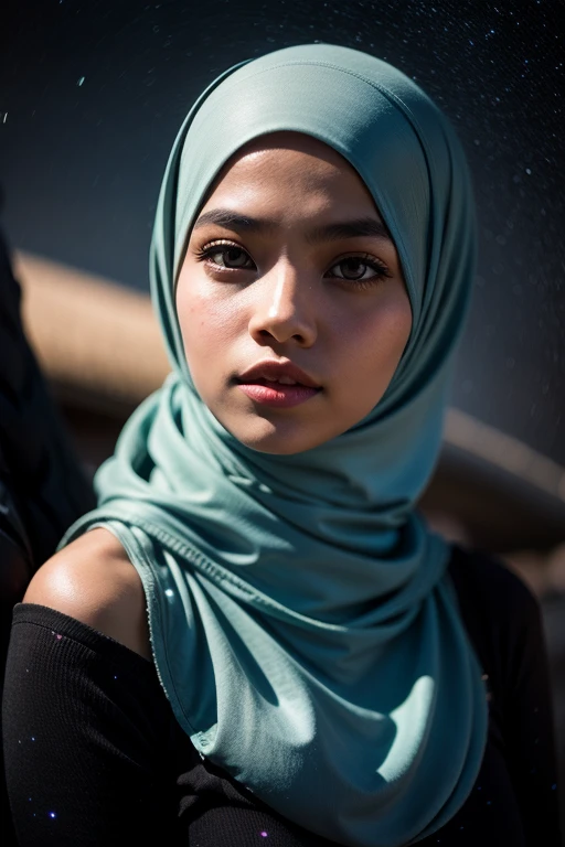 Craft a celestial-themed portrait of a Malay girl in hijab. Illuminate the hijab with stars and galaxies, blending the earthly with the cosmic in a mesmerizing and ethereal composition, 8mm, Close-up shot, cool-toned color grading, depth of field, film noir