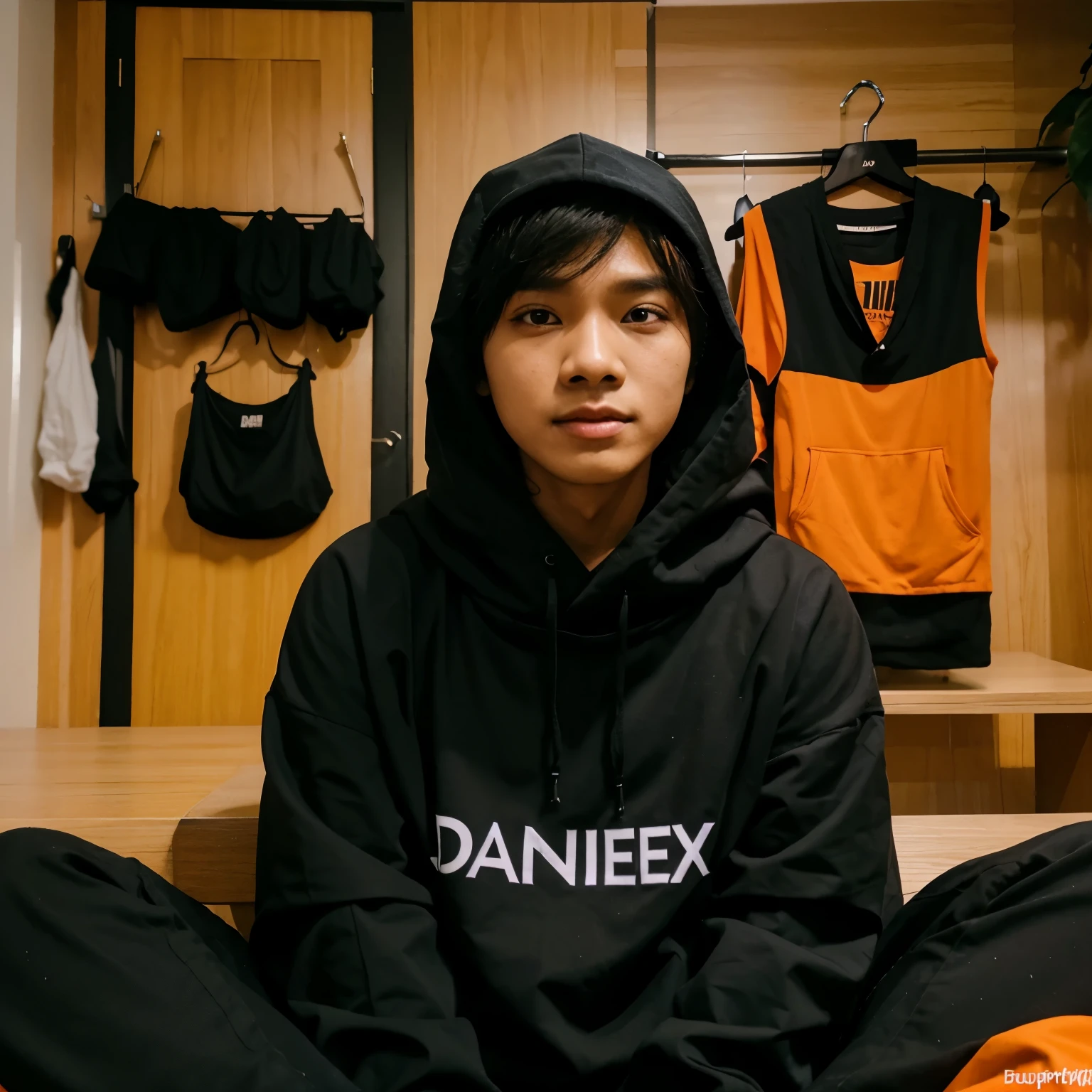 Orang pake hodie hitam ada nama "DAFFAXD HOSTING" Sambil duduk di depan komputer