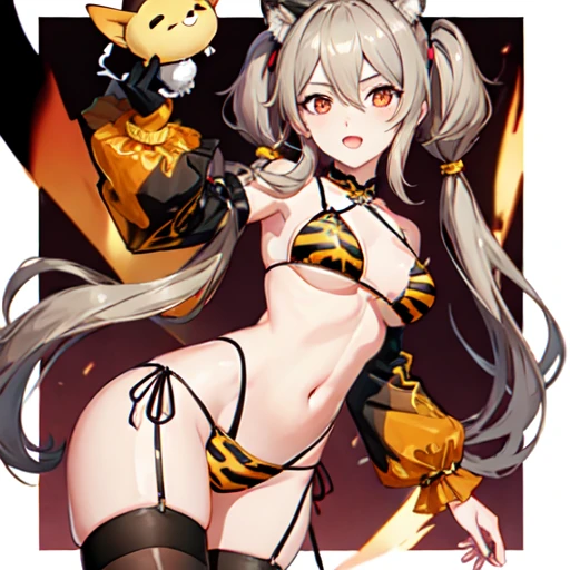 1chica, culo grande, tanga, dynamic pose, obra maestra, mejor calidad, realista, sol, luz del sol, 1chica animal_ears animal_print arched_back trasero bikini pechos brown_hair butt_crack cat_ears cat_tail chinese_zodiac gargantilla claw_pose elbow_gloves fake_animal_ears colmillo from_below guantes hair_bobbles hair_ornament halterneck arrodillado long_hair looking_at_viewer low_twintails medium_breasts new_year open_mouth orange_bikini orange_choker orange_gloves orange_thighhighs outside_border print_ Bikini print_choker print_gloves print_thighhighs red_eyes Shadow Side-tie_bikini_bottom skin_fang Solo Swimsuit Tail Thighs tiger_print twintails year_of_the_tige