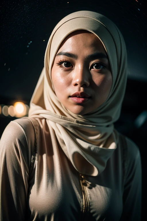 Craft a celestial-themed portrait of a Malay girl in hijab. Illuminate the hijab with stars and galaxies, blending the earthly with the cosmic in a mesmerizing and ethereal composition, 8mm, Close-up shot, cool-toned color grading, depth of field, film noir