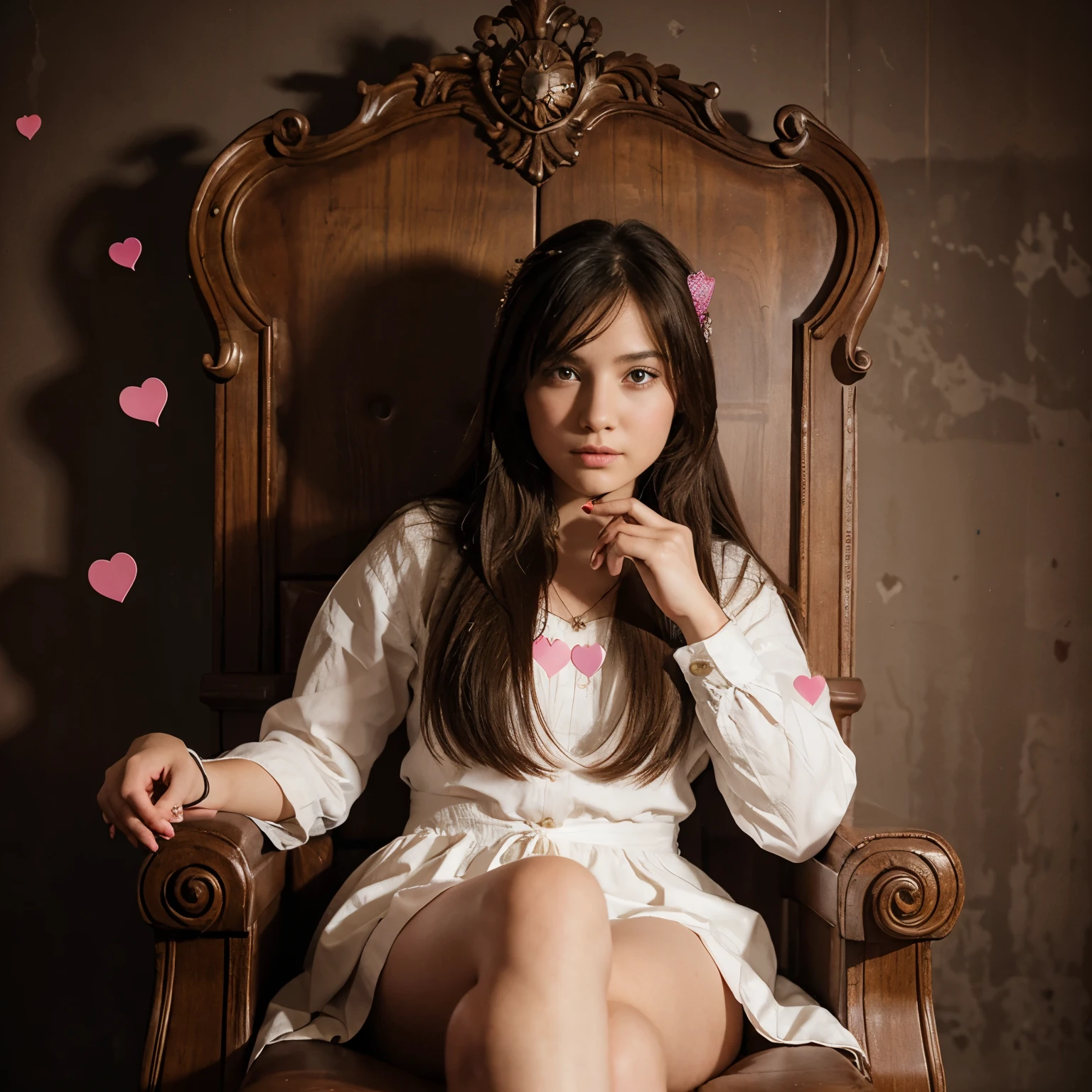 A girl sitting on a throne with hearts around