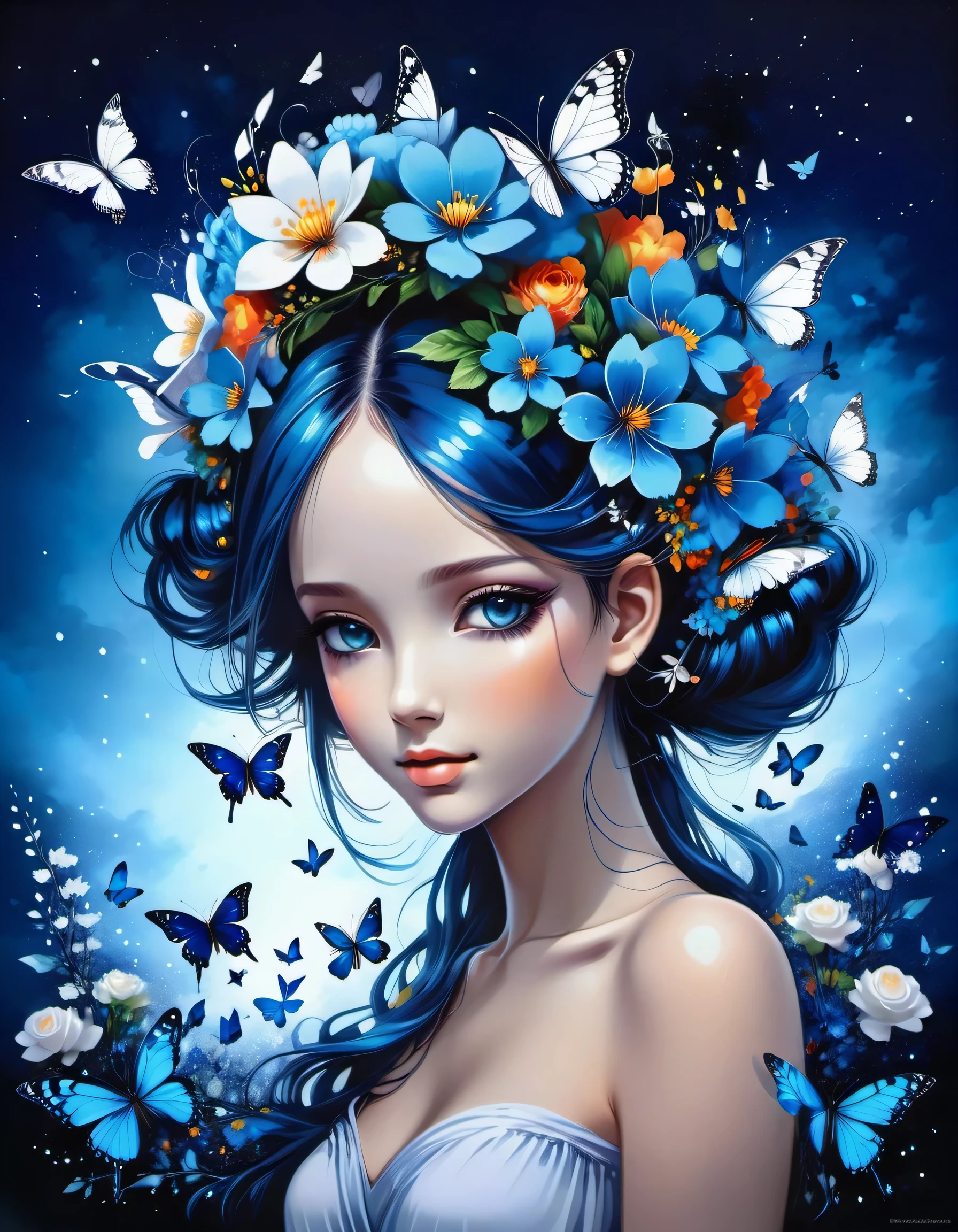 beautiful picture of a girl with vibrant flowers on her head, dark sky-blue and dark navy, dark sky-blue and dark white, realistic, photo effects, luminous shadowing, anime-inspired, elegant outlines, magic butterflies