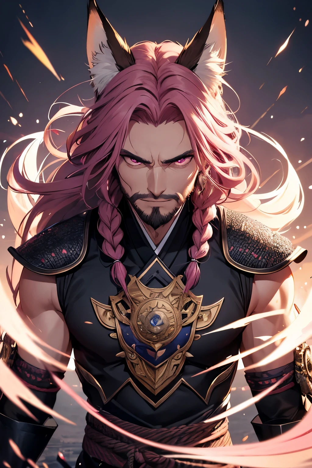 Top quality, Photorealistic, 8K, High Definition, Unity 8K wallpaper, high res, ultra sharp, masterpiece, ((masterpiece)), best quality, intricate details, expressive eyes, perfect face, detailed face, detailed eyes, masterpiece, highly detailed exquisite character art, ultra-realistic, detailed body, ((male focus)), detailed muscles,detailed muscles, bulge, ((1male)) wet, sweaty, drinking water, older male,fox ears,fox tails,dark pink hair long braid,black japanese armor,bead bracelet,glare,dark pink eyes,japanese palace,dark,lights,dragon tattoo,evil grin,beard stubble,distant